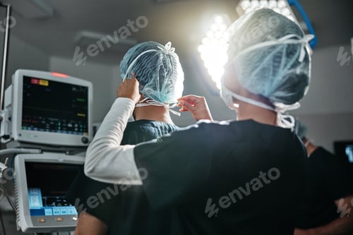 Preview: Healthcare, uniform and surgeon in theatre for surgery, protection and preparation in hospital. Med
