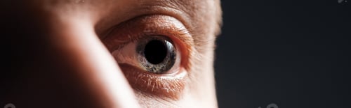 Preview: close up view of human eye looking away isolated on black, panoramic shot