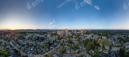 Preview: Aerial Panoramic City view at sunny sunset. Surrey, Vancouver, BC, Canada