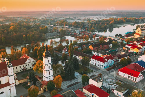 Preview: Pinsk, Brest Region, Belarus. Pinsk Cityscape Skyline In Autumn Morning. Bird's-eye View Of