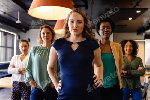 Preview: Portrait of diverse female colleagues in casual meeting in office