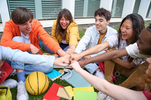 Preview: Diverse young friends gathered in circle sitting on campus excited fist bumping. Multi-ethnic group.