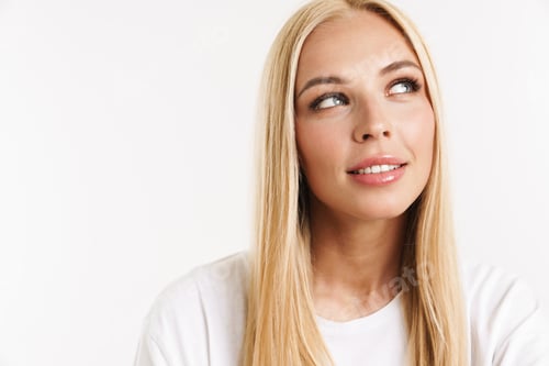 Preview: Young blonde woman in t-shirt posing and looking aside