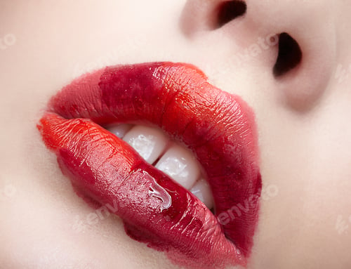 Preview: Closeup Macro Portrait Of Female Part Of Face. Human Woman Lips With Unusual Alyapy Beauty Makeup