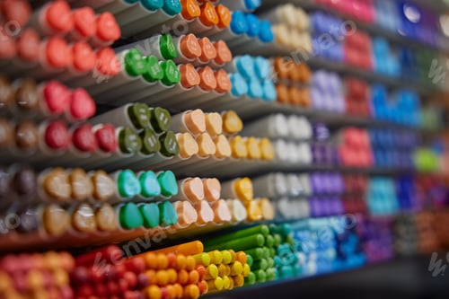 Preview: Colorful markers of assorted colors on stationery rack shelves