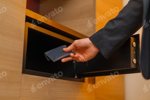 Preview: Close-up of a man's hand putting a wallet with money in a safe in hotel room storage of values