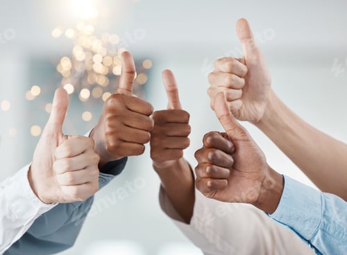 Preview: Thumbs up, success hands and teamwork collaboration of office diversity team feeling job community.