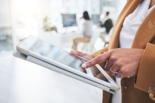 Preview: Hands, web design or businesswoman typing on tablet in office, working on email or research project