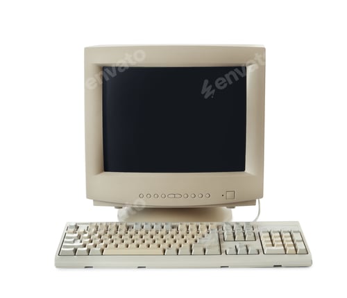 Preview: Old computer monitor and keyboard on white background