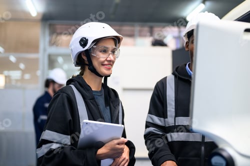 Preview: Engineer mechanician operating and controlling CNC machine