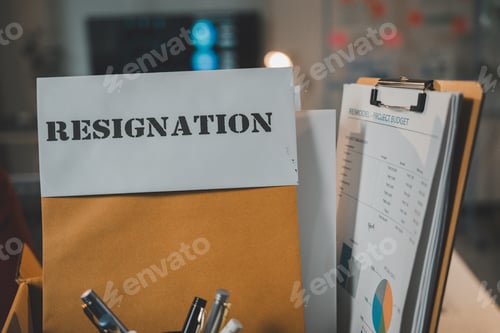 Preview: Employee putting resignation letter in cardboard box containing office supplies