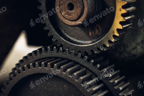 Preview: Close-up old industrial gear wheels., industry parts concept.