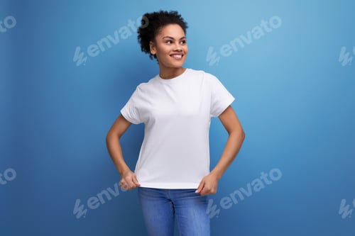 Preview: latin young woman dressed in white t-shirt with space for branding