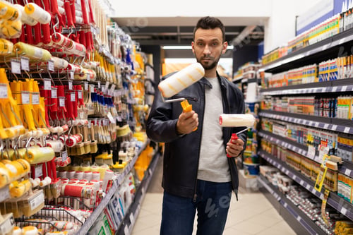 Preview: a buyer in a construction hypermarket is determined with brushes and rollers for painting, the