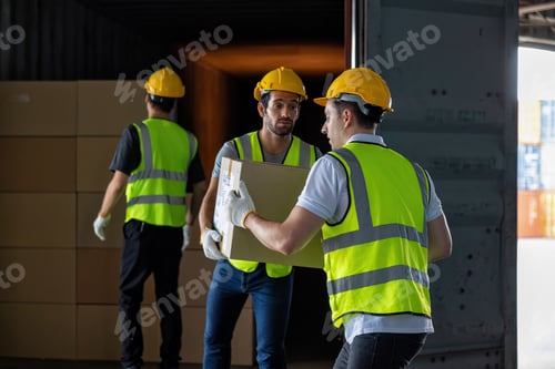 Preview: 3 Workers hand carry carton box take from 40 feet steel container one by one and stack on floor
