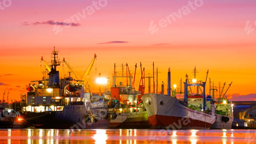 Preview: Group of fishing boats and oil tanker ship dock at port for unloading against colorful twilight sky