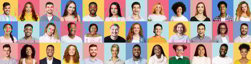 Preview: Collage Of Cheerful Mixed Millennials Portraits On Colorful Backgrounds, Panorama