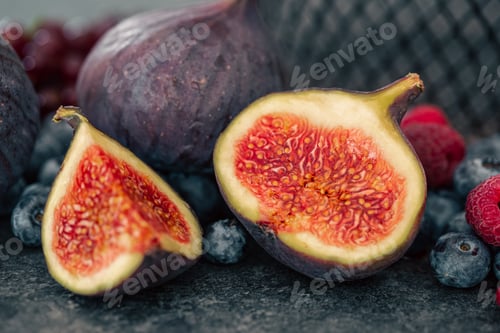Preview: Close-up, fig fruit on a blurred dark background.