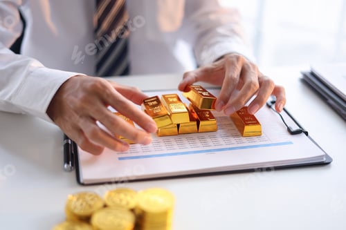 Preview: Gold Trading Businessman invest in trading gold, calculating profit price of buy and sell gold.
