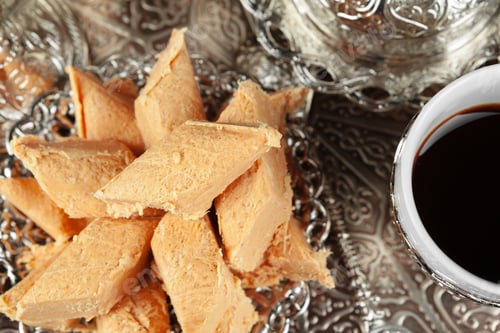 Preview: Traditional Turkish coffee and Turkish delight. Creative photo