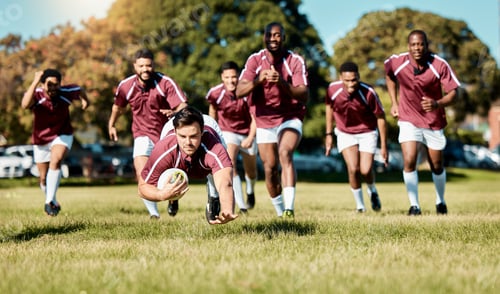 Preview: Rugby, athlete on grass field and sports game with men, team running and player score try with ball