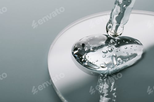 Preview: Pipette with sample of gels cosmetic product in petri dish on grey background, hard shadows