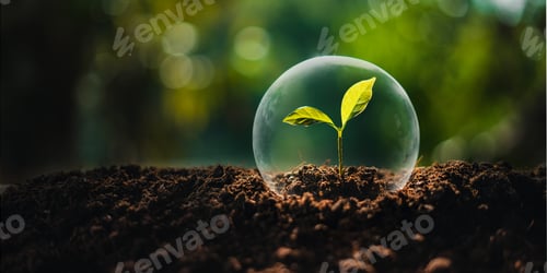 Preview: Environmental concept, crystal ball protects young plants, ecology concept