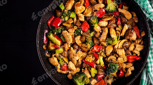 Preview: Stir fry with chicken, mushrooms, broccoli and peppers. Chinese food. Top view, overhead