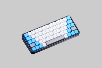 Preview: Compact white and black keyboard with blue accents.
