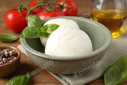 Preview: Tasty mozzarella balls, tomatoes, oil and basil on wooden table, closeup
