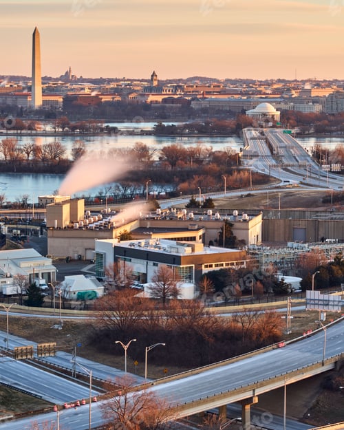 Preview: Vertical aerial view of building at twilight in Washington, DC