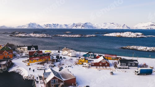 Preview: Breathtaking bird's eye view of Lofoten fishing village with red Traditional Norwegian houses