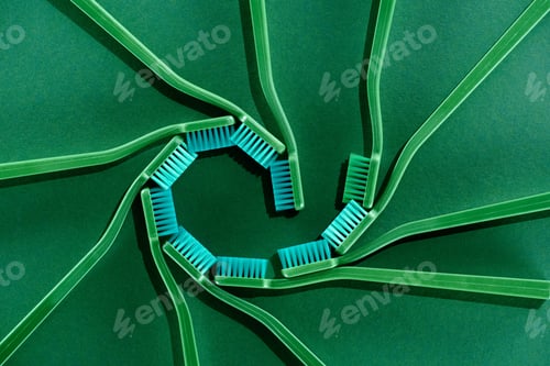 Preview: top view of spiral composition with toothbrushes on green