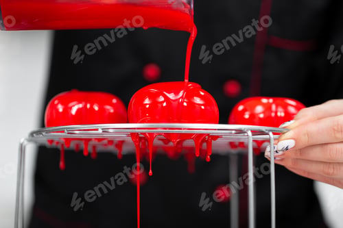 Preview: Process of making mousse cake with mirror glaze. Frozen mirror icing on the cake