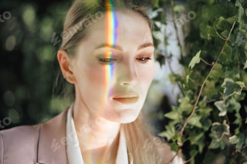 Preview: Portrait of an attractive woman with rainbow light across face
