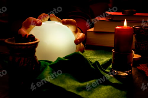 Preview: Concept of occultism. Women's hands on a crystal ball to guess the future.
