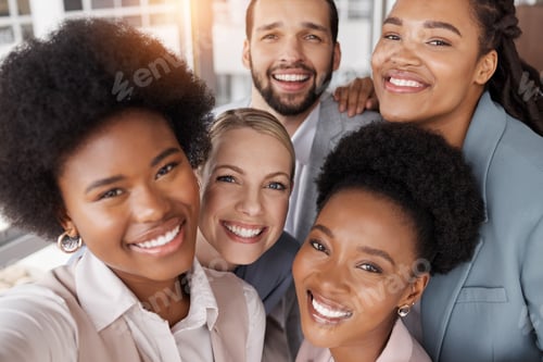 Preview: Young business people, group selfie and portrait with diversity, smile and teamwork at insurance ag
