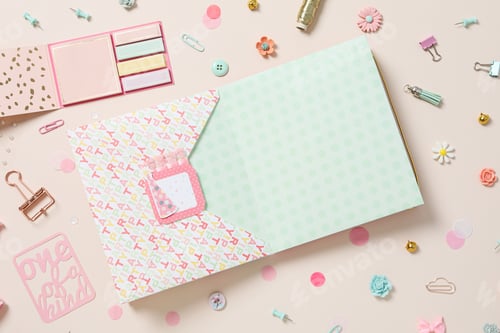 Preview: Scrapbooking, on a light background, flat lay.