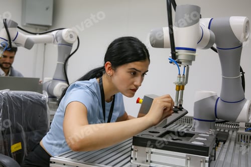 Preview: Robotic Arm engineer check on equipment in its with software of Artificial Intelligence Unit.