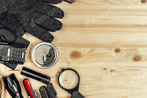 Preview: travel hiking equipment tools, view from above