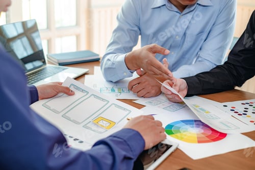 Preview: Group of designer creativity drawing a website outline and website ux app development