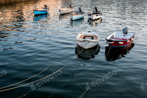 Preview: High angle view of fishing boats moored in harbour.