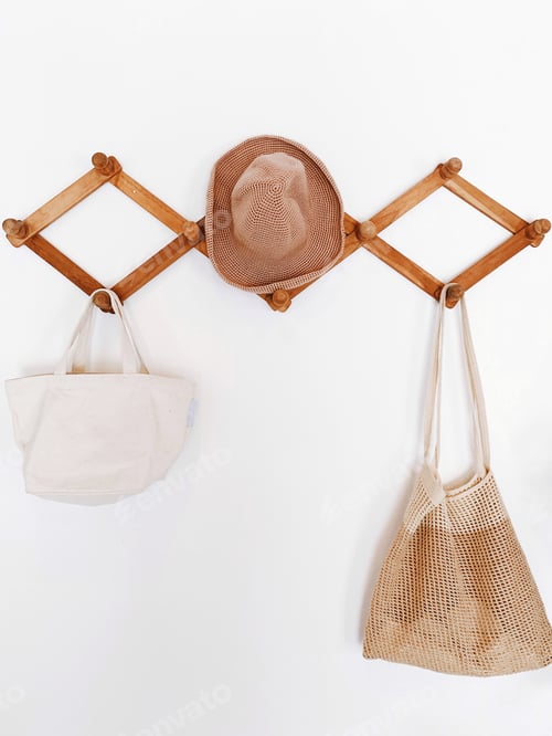 Preview: Hat and Bags Hanging on Wooden Rack