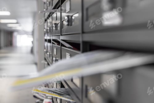 Preview: Mail boxes filled of leaflets and letters. Shallow depth of field.
