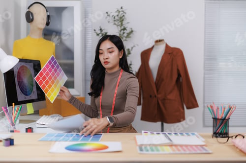 Preview: Fashion designer choosing colors for new clothes collection in her studio