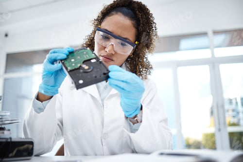 Preview: Hardware inspection, computer and black woman electrician with electronic cpu, circuit and microchi