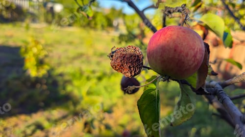 Preview: An apple tree covered in mold and rot on a branch. Fruit disease. Moniliosis