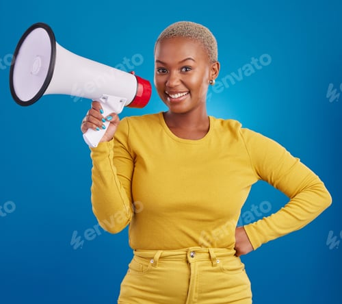 Preview: Black woman, megaphone and smile, portrait and voice, freedom of speech and activism on blue backgr