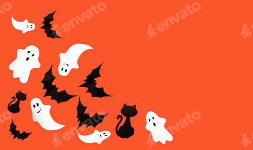 Preview: Halloween photo of black bats, ghost on blank orange background. Halloween decoration