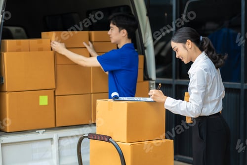 Preview: Asian delivery man deliver box parcel package to customer, shipping delivery concept.